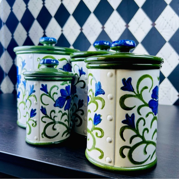 Metlox Poppytrail Blue Floral Canister Set, Green Lids, 4pc Vintage Very Large - Picture 10 of 17